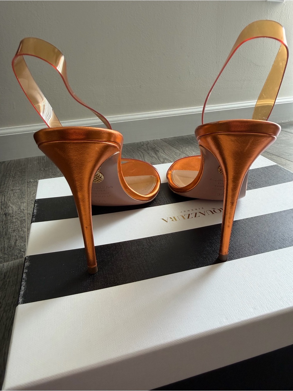 Aquazzura So Nude Plexi 105 Metallic Mandarin Orange Sandals Heels – Size 37.5 - Picture 8 of 9